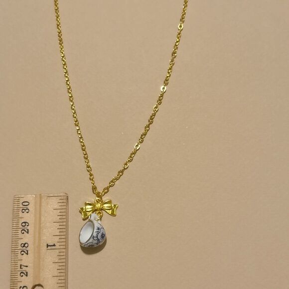 Gold and Blue Bow Pendant Necklace S926 - Picture 5 of 5